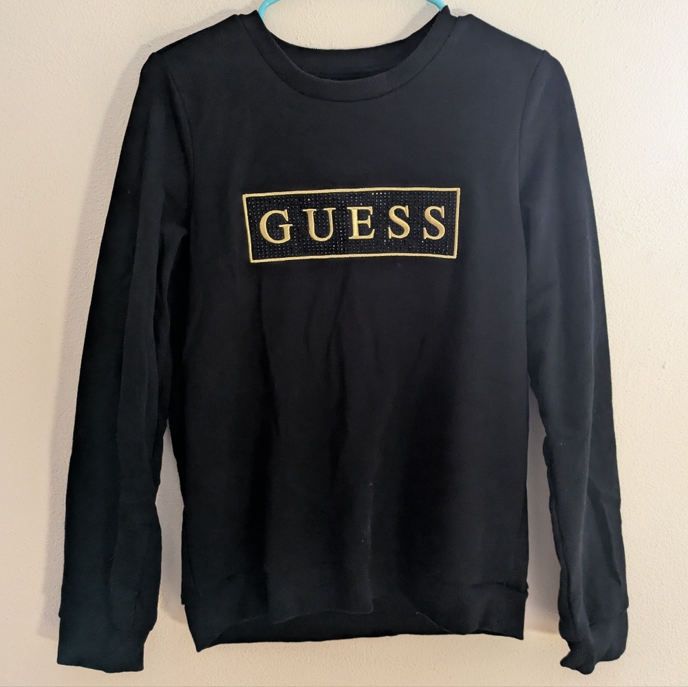 GUESS Women's Black Crewneck Sweater with Rhinestone Gold Logo